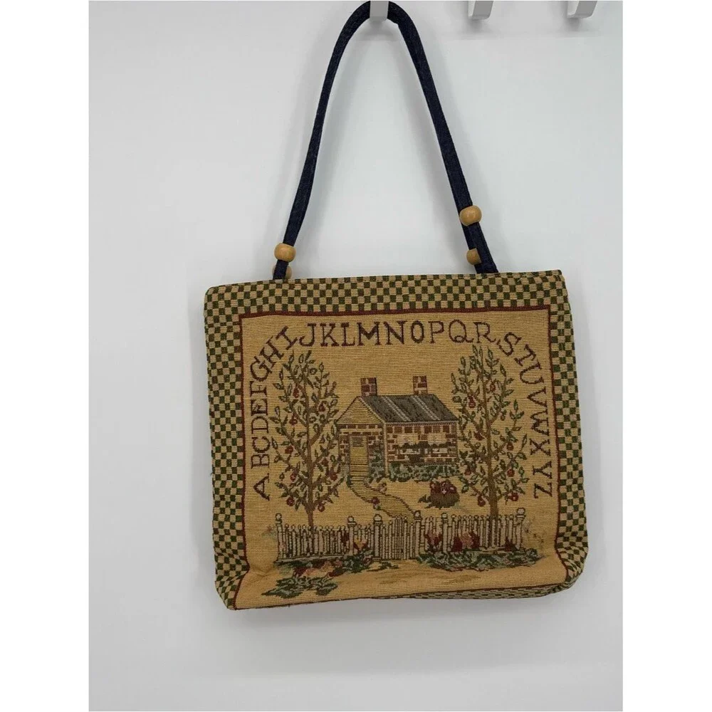 Vintage Tapestry Tote Bag House Alphabet Cottagecore Shoulder Bag Folk Art